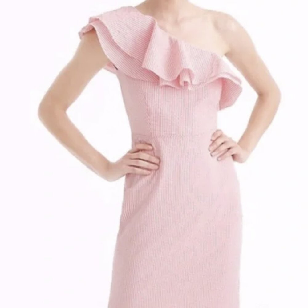 JCrew Pink & White Striped Seersucker One Shoulder Ruffle Dress 0P